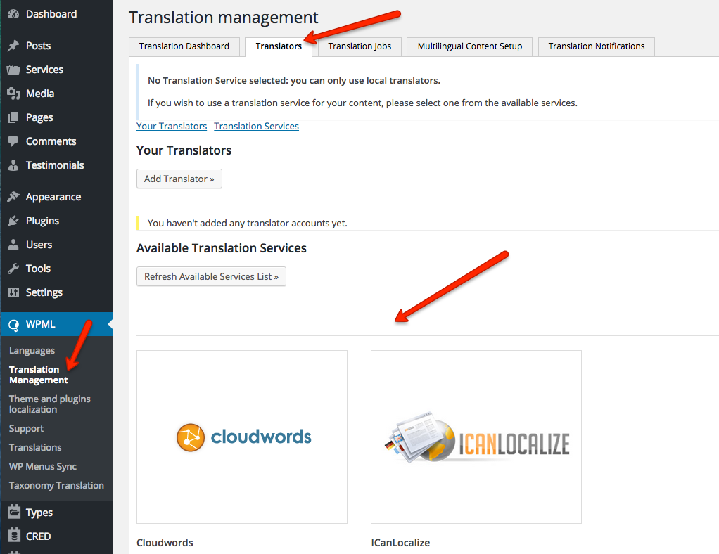 WPML Translation Management panel: new Translation Services are already available for WPML users